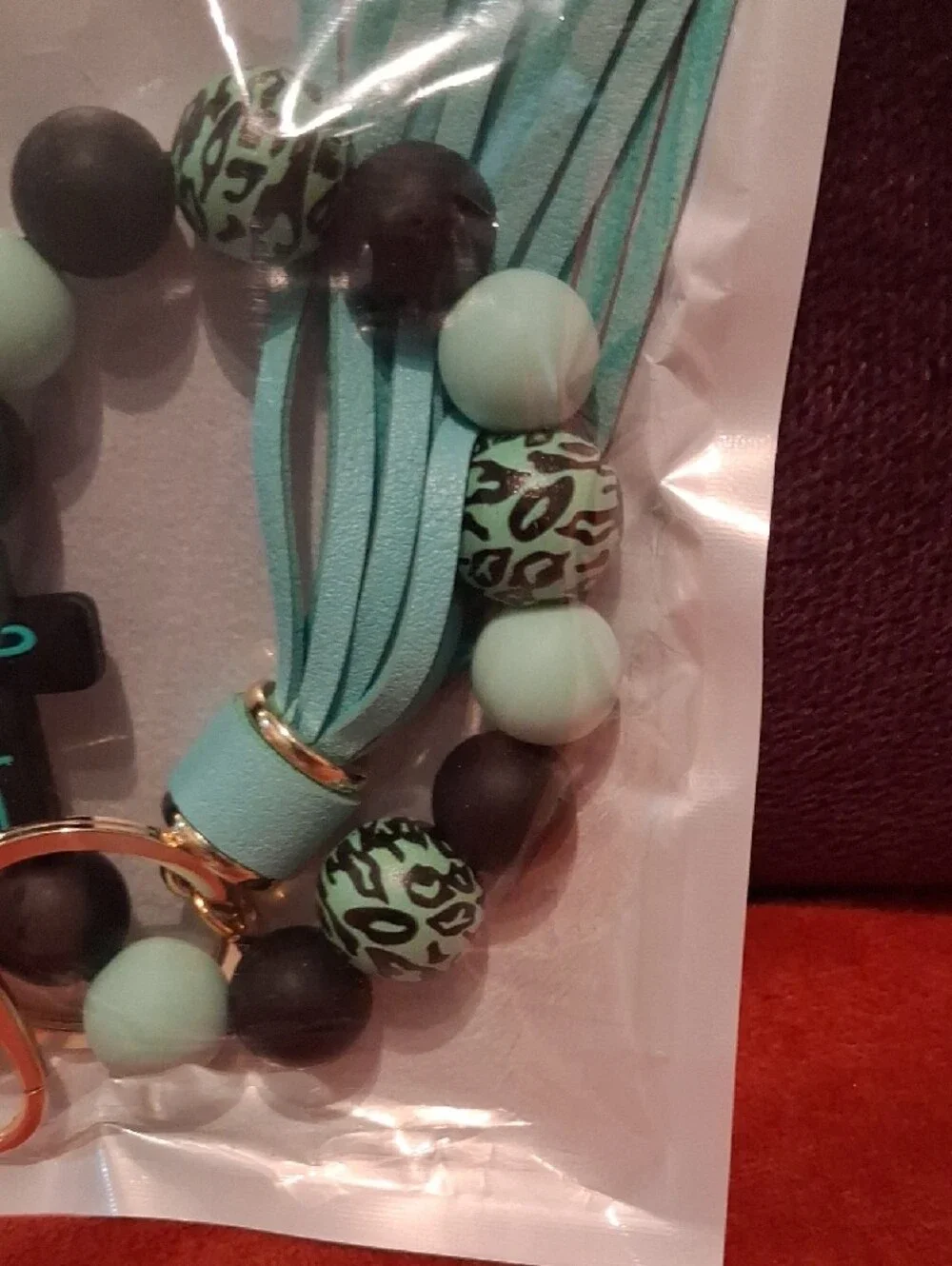 Mint Green and Black Beaded Tassel Keychain Bracelet